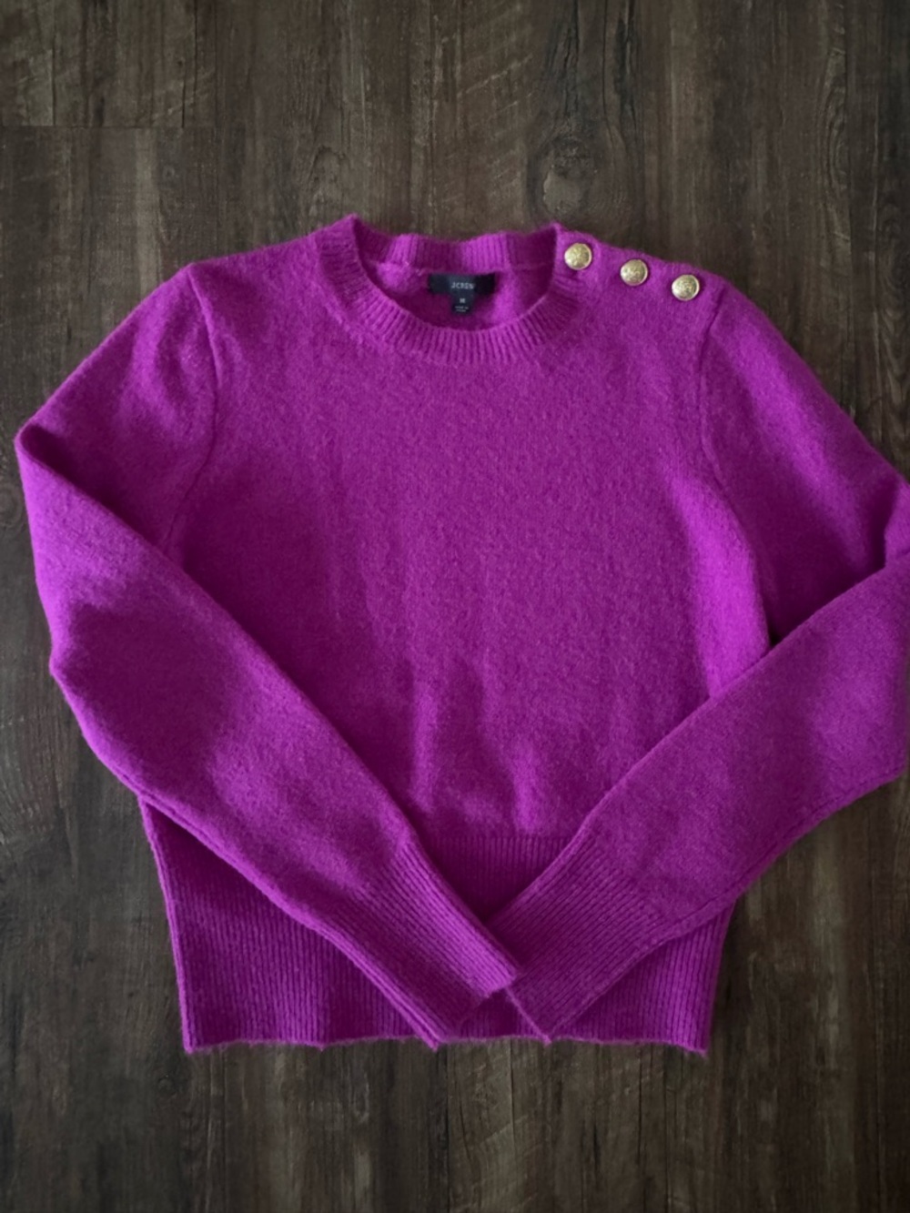 J. Crew Bright Magenta Crewneck Sweater with Gold Shoulder Buttons
